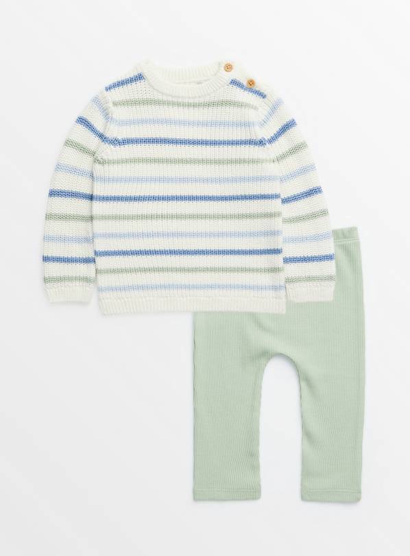 Cream Stripe Jumper & Green Waffle Leggings Set 12-18 months